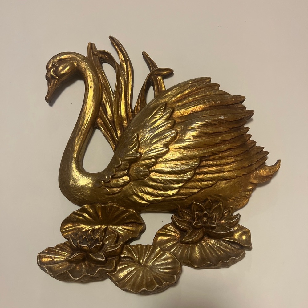 Gold Swan & Water Lilies Hollywood Regency Wall Decor 12"x12"
